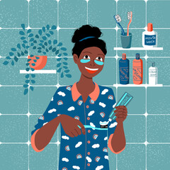Daily dental care. Dark skinned afro girl in pajamas with patches on face brushes her teeth with a herbal paste and carbon bristle brush. Morning and evening self care routine. Stock vector flat.