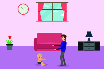 Fatherhood vector concept: father playing with his infant child in the living room