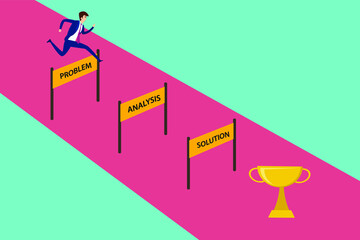 Business problem solving vector concept: businessman jumping over the hurdles represents Problem, Analysis, and Solution towards the trophy