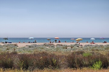 Fototapeta na wymiar Panorama of Poetto beach in Cagliari, Sardinia, Italy