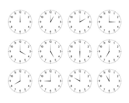 Classic round clock dial plates collection. Clock and watch faces with arabic numerals and full day time variations with hour hand outline vector illustration isolated on white background