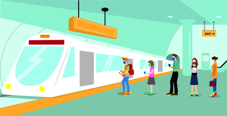 Public transport in a new normal  vector concept: queue of people wearing face masks with physical distancing waiting for subway train