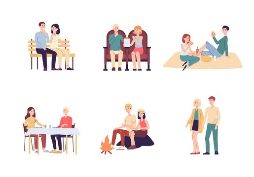 Set of loving couple spending time together flat vector illustration isolated.