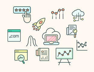 Vector illustration of a cute marketing and graph elements. Contains such as exploration, cloud, presentation, analysis, search, web site and more. flat illustration style line drawing and background 
