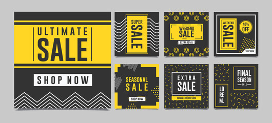 Modern Sales Banner For Social Media. set of Editable sale square banner template. Black and yellow background color with stripe line shape. Suitable for social media post, Instagram and web internet