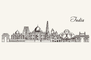India detailed skyline. India famous landmarks in sketch style. Vector illustration - 369653264