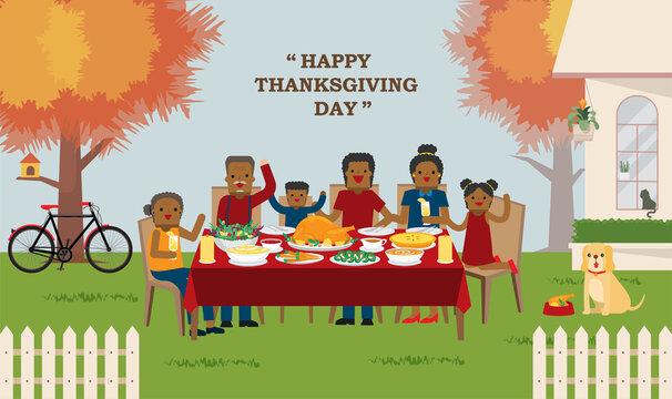 illustration vector flat cartoon of happy thanksgiving dinner table  with african family as concept.