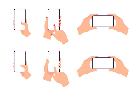 Set Of Hands Holding Mobile Phone With Empty Screen Vector Illustration Isolated.