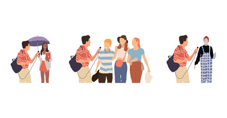 Journalists of news channels and radio stations are take interviewed. Characters interviewer and people. Vector illustration in flat cartoon style.