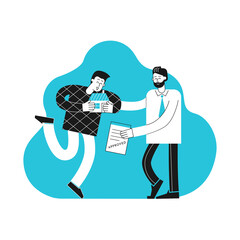 Fototapeta premium Vector flat illustration. Cartoon customer holds home, mortgage broker gives him accepted contract after bank aprroved loan to buy home. Successful deal. Happy young morgagor. Minimalistic concept