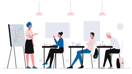 Teacher conducts a lesson in the classroom. Vector concept illustration of attractive female teacher at the blackboard explaining subject to students. Classroom interior modern concept illustration