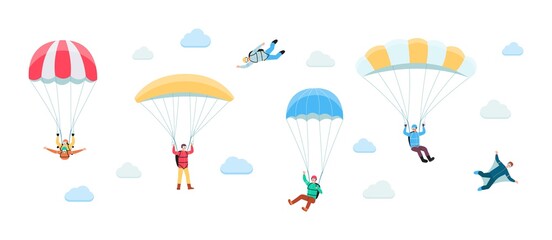 Fototapeta premium People planing on parachute in clouds, flat vector illustration isolated.