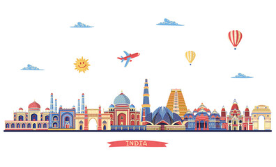 India detailed skyline. India famous monuments.. Vector illustration - 369654044