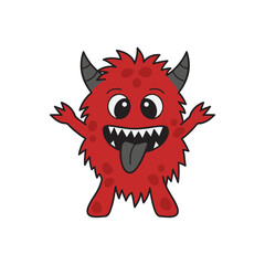 Cute monster vector illustration cartoon character. Hand drawn outlined black and red spooky furry animal with horns. isolated.