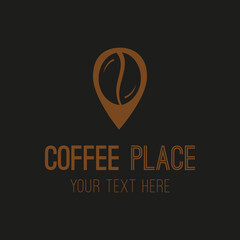 Fototapeta na wymiar Coffee place vector illustration icon. Cafeteria black graphic place symbol with coffee bean inside and writing. Isolated. 
