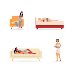 Breastfeeding positions set with mother feeds baby vector illustration isolated.