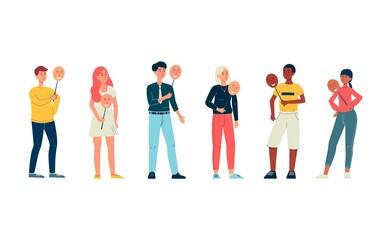 People characters group cover faces with mask, flat vector illustration isolated.