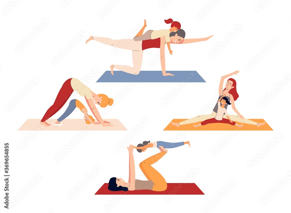 Wall mural set of mom and child practising postnatal yoga flat vector illustration isolated.