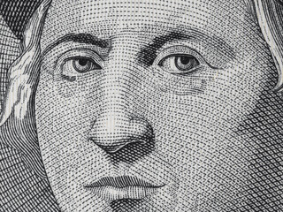 Christopher Columbus face portrait on Bahamas one dollar (1992) banknote macro. Cristobal Colon was...