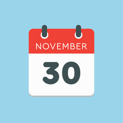 Calendar icon day 30 November, template icon day