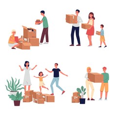 Family moving set with people packing things flat vector illustration isolated.
