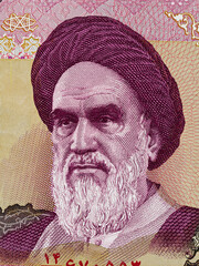 Ayatollah Ruhollah Khomeini portrait on Iranian 2000 rial banknote macro, Middle East Iran money closeup