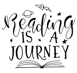 Black calligraphy - reading is a journey - sketch book, stars, rocket and text, vector stock illustration. 