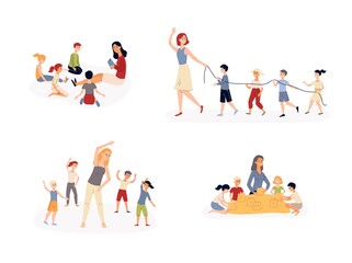 Fototapeta premium Kindergarten activity set - cartoon kids and teachers reading and playing