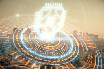 Data theme hologram drawing on city view with skyscrapers background multi exposure. Bigdata concept.