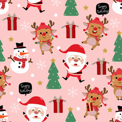 Obraz na płótnie Canvas Cute Santa Claus, snowman, deer, gift, and Christmas tree seamless pattern. Cartoon holidays background.