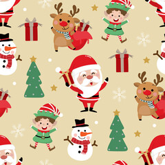 Cute Santa Claus, snowman, deer, gift, little elf and Christmas tree seamless pattern. Cartoon holidays background.