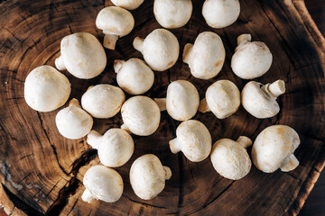 Mushrooms on a wooden background close up