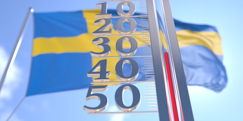 Minus 30 degrees centigrade on a thermometer measuring near flag of Sweden. Very cold weather forecast related 3D rendering