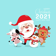 Merry Christmas greeting card with Santa Claus, deer, snowman and cow. 2021 year of the ox. Cute bull animal holiday cartoon character vector.
