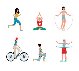 Fototapeta na wymiar Women performing various sport activity set, flat vector illustration isolated.
