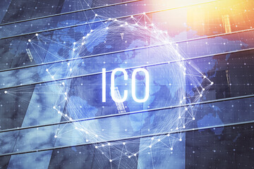 Multi exposure of cryptocurrency theme hologram drawing and city veiw background. Concept of...