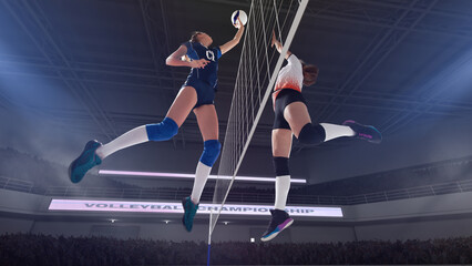 Female professional volleyball players in action on 3d stadium.