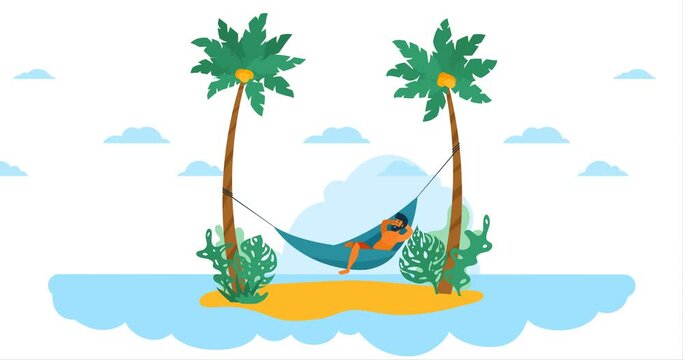 Swarthy young man is relax in hammock among palm on island.  Clouds float, hammock and plants sway
