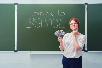 Pensive teacher holds money in dollars standing near the inscription 