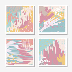 Set of hand drawn universal cards. Vector posters with strips, strokes, spots. Abstract background