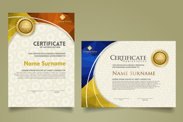 Set modern certificate template with triangle geometric polygon on circular lines ornate background