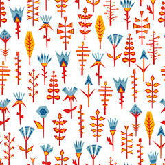 Fototapeta na wymiar Bright colorfol pattern with different unusual plants. Hand drawn floral elements for wallpaper, wrapping paper, surface design