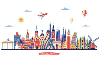 Europe skyline detailed silhouette. Travel and tourism background. Vector illustration