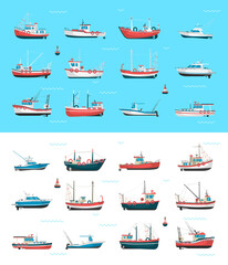 Fishing boats side view and buoys with blue sea background and isolated on white. Side view illustration.