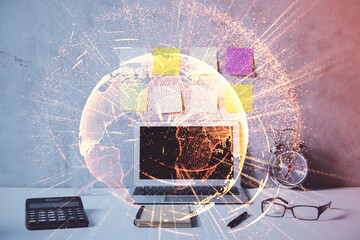 Computer on desktop with social network hologram. Double exposure. Concept of international people connections.