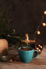 Cup of chocolate and gingerbread cookies. Christmas time.