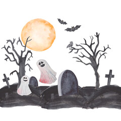 Watercolor drawing Full moon and old cemetery Halloween party illustration.