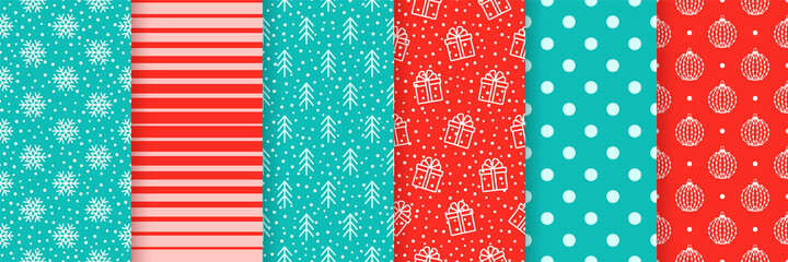 Christmas seamless backgrounds. Vector. Xmas New year pattern. Prints with snowflake, gift box, tree, stripes, ball and polka dot. Set festive textures. Holiday wrapping paper. Red blue illustration