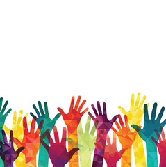 Colorful up hands. Volunteers. Vector illustration, an association, unity, partners, company, friendship, friends party background. Vector illustration	