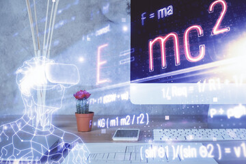 Desktop computer background and formula hologram writing. Double exposure. Education concept.